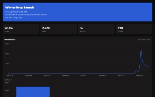 تقرير الحملة: Winter Drop Launch — 52,616 مشاهدة، و2,920 إعجابًا، وأهداف عند 100%