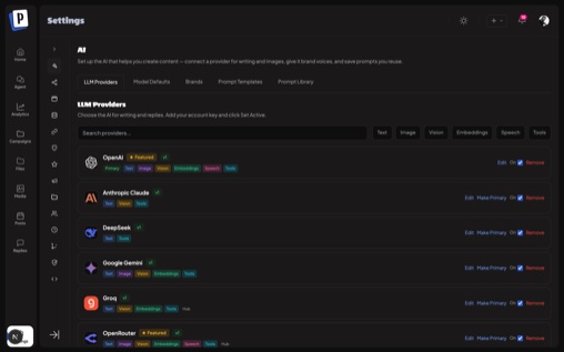 Postmill LLM provider settings — search, capability filters, and provider rows