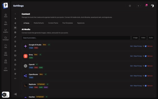Postmill AI media provider settings — image, video, and audio studios