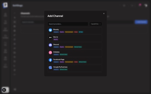 Postmill channel picker — search and capability filters over 36 channels
