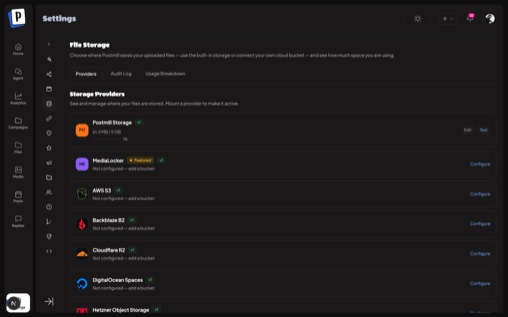 Postmill file storage settings — mounted providers and usage