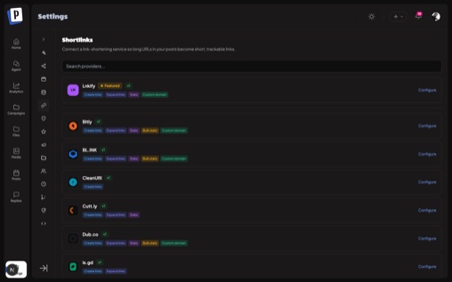 Postmill shortlink provider settings — link creation, stats, and custom domains
