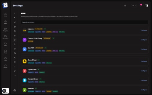 Postmill VPN provider settings — protocols and proxy egress